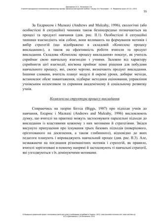 55
За Ендрюсом і Малкахі (Andrews and Mulcahy, 1996), екологічні (або
особистісні й ситуаційні) чинники також безпосередньо позначаються на
процесі та продукті навчання (див. рис. ІІ.1). Особистісні й ситуаційні
чинники взаємодіють між собою, вони впливають на формування мотивів і
вибір стратегій (що відображено в складовій «Комплекс процесу
викладання»), а також на ефективність роботи вчителя та продукт
викладання. Складова «Комплекс процесу викладання» показує, як учитель
сприймає свою навчальну взаємодію з учнями. Залежно від характеру
сприйняття цієї взаємодії, він/вона приймає певні рішення для побудови
навчального процесу, які, своєю чергою, визначають продукт викладання.
Іншими словами, вчитель планує модулі й окремі уроки, добирає методи,
встановлює обсяг навантаження, підбирає методики оцінювання, управління
учнівським колективом та сприяння академічному й соціальному розвитку
учнів.
Комплексна структура процесу викладання
Спираючись на теорію Біггса (Biggs, 1987) про підходи учнів до
навчання, Ендрюс і Малкахі (Andrews and Mulcahy, 1996) висловлюють
думку, що вчителі на практиці можуть застосовувати паралельні підходи до
викладання із властивими кожному з них мотивами й стратегіями. Звідси
висунуто припущення про існування трьох базових підходів (поверхового,
орієнтованого на досягнення, а також глибинного), відповідно до яких
педагоги планують і впроваджують навчальний процес (див. рис. ІІ.3). Але,
незважаючи на поєднання різноманітних мотивів і стратегій, як правило,
вчителі зорієнтовані в певному напрямі й застосовують ті навчальні стратегії,
які узгоджуються з їх домінуючими мотивами.
Данілавічютє Е.А., Литовченко С.В.
Стратегії викладання в інклюзивному навчальному закладі: навчально-методичний посібник / За ред. А.А. Колупаєвої. – К.: Видавнича група «А.С.К.», 2012
© Канадсько-український проект «Інклюзивна освіта для дітей з особливими потребами в Україні», 2012 / www.education-inclusive.com, www.ussf.kiev.ua
© Е.А.Данілавічютє, С.В.Литовченко, 2012
 