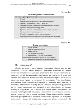 68
Рисунок ІІ.4.
Розмаїтий учнівський колектив
Загальні характеристики класу
33 учні.
8 учнів потребують допомоги в розвитку мовлення.
2 учнів із затримкою психічного розвитку.
2 учнів відчувають труднощі в опануванні навичок читання.
2 учнів із синдромом дефіциту уваги.
2 учнів із важкими обмеженими можливостями навчання.
Комплексні проблеми поведінки.
15 учнів із «середнім» рівнем підготовленості.
1 учень випереджає ровесників у навчанні читання й письма.
Рисунок ІІ.5.
Етапи планування
1) З чого почати?
2) Який матеріал викладати?
3) Як викладати?
4) Що мають робити учні?
5) Як працювати з дітьми з особливими
потребами (з розмаїтим учнівським колективом)?
6) Як визначити правильність своєї практики?
Що і як викладати?
Досвід навчання у інклюзивному середовищі свідчить про те, що
специфічні складові змісту навчання необхідно визначати на основі
освітнього стандарту із подальшою адаптацією його вимог відповідно до
учнівських потреб. Встановлені на рівні такого документа цілі й задачі для
кожного року навчання й індивідуальних предметних напрямів дають змогу
визначити зміст уроків та методику їх проведення. Тож розроблення
детальнішого плану навчання слід починати з вивчення вимог освітнього
стандарту. Представлена в цьому розділі методика планування ґрунтується
на тих самих принципах, що закладені в усіх відповідних документах
(стандарті, програмах). Далі докладно розглянуто процес планування. Він
охоплює чотири рівні: (1) закладену в документах концептуальну систему
понять і вимог для того чи іншого предмета, які при перенесенні на практику
навчання трансформуються в широкі навчальні цілі, придатні для всіх учнів
інклюзивного класу; (2) визначення стартових рівнів успішності; (3)
Данілавічютє Е.А., Литовченко С.В.
Стратегії викладання в інклюзивному навчальному закладі: навчально-методичний посібник / За ред. А.А. Колупаєвої. – К.: Видавнича група «А.С.К.», 2012
© Канадсько-український проект «Інклюзивна освіта для дітей з особливими потребами в Україні», 2012 / www.education-inclusive.com, www.ussf.kiev.ua
© Е.А.Данілавічютє, С.В.Литовченко, 2012
 