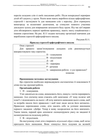 92
перелік складних слів зі своїх письмових робіт. Після попередньої перевірки
дітей об’єднують у групи. Разом вони мають виробити кілька орфографічних
стратегій і застосувати їх для написання слів з переліку. Діти отримують
винагороду за колективні досягнення, це стимулює кожного учасника
докладати зусиль для покращення загального балу групи. Під час цієї вправи
діти обговорюють корисні прийоми правопису, мають змогу ознайомитися з
іншими стратегіями. На рис. ІІ.11 подано методику організації навчання для
вироблення стратегій орфографічного письма.
Рисунок ІІ.11.
Приклад стратегії орфографічного письма
Опис стратегії
Для кращого запам’ятовування складних слів рекомендується
використовувати таку стратегію.
_______________________ П – планування
_______________________ В – візуалізація
_______________________ Д – дія
_______________________ П – перевірка
_______________________ Р – речення
_______________________ З – завершення роботи усе правильно?
помилка
Пропонована методика застосування
Цю стратегію необхідно впроваджувати систематично й пояснювати її
дітям під час групової роботи.
Організація роботи
1. П – планування.
Учні дивляться на слово, вимовляють його, пишуть і потім перевіряють
написане. Але спочатку вони ставлять собі запитання: «У чому полягає мій
план?» і відповідають на нього: «Я хочу вивчити написання цього слова, щоб
за потреби писати його правильно і щоб інші люди могли його впізнати».
Правильно переписавши слово, діти хвалять себе за успішне виконання
першого завдання: «Добре. Тепер я можу зосередитися на його вивченні».
Таким чином, перший крок допомагає сконцентрувати увагу на завданні й
налаштуватися на подальшу роботу.
2. В – візуалізація.
На наступному етапі діти створюють візуальний образ слова, щоб легко
пригадати його написання. Вони «пишуть» його подумки на великій
Данілавічютє Е.А., Литовченко С.В.
Стратегії викладання в інклюзивному навчальному закладі: навчально-методичний посібник / За ред. А.А. Колупаєвої. – К.: Видавнича група «А.С.К.», 2012
© Канадсько-український проект «Інклюзивна освіта для дітей з особливими потребами в Україні», 2012 / www.education-inclusive.com, www.ussf.kiev.ua
© Е.А.Данілавічютє, С.В.Литовченко, 2012
 