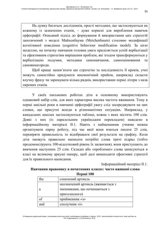 95
На думку багатьох дослідників, прості методики, що застосовуються на
кожному із зазначених етапів, – дуже корисні для вироблення навичок
орфографії. Описаний підхід до формування й використання цих стратегій
запозичений з моделі Майхенбаума (Meichenbaum) стосовно модифікації
когнітивної поведінки (cognitive behaviour modification model). За цією
моделлю, на початку навчання головна увага приділяється усній вербалізації
та ефективним стратегіям вирішення проблем, які згодом трансформуються у
вербалізацію подумки, методики самонавчання, самооцінювання та
самовинагороди.
Щоб краще запам’ятати цю стратегію та послідовність її кроків, учні
можуть самостійно придумати мнемонічний прийом, наприклад скласти
влучну фразу чи заримувати кілька рядків, використавши перші літери з назв
окремих етапів.
У своїх письмових роботах діти в основному використовують
однаковий набір слів, для яких характерна висока частота вживання. Тому в
перші шкільні роки в навчанні орфографії увагу слід зосереджувати на цих
словах, що присутні всюди в різноманітних ситуаціях. Наприклад, у
канадських школах застосовуються таблиці, кожна з яких містить 100 слів.
Деякі з них (із паралельним українським перекладом) наведено в
інформаційному матеріалі ІІ.1. Навіть з найменшими учнями можна
організувати парну роботу, під час якої вони вчаться писати 25 слів,
перевіряти правильність та відображати свої результати на графіку. Коли
діти зможуть правильно написати потрібні слова тричі підряд (тобто
продемонструють 100-відсотковий рівень їх засвоєння), вони приступають до
вивчення наступних 25 слів. Складні або «проблемні» слова записуються в
класі на великому аркуші паперу, щоб далі винаходити ефективні стратегії
для їх правильного написання.
Інформаційний матеріал ІІ.1.
Навчання правопису в початкових класах: часто вживані слова
Перші 100
the означений артикль
a
неозначений артикль (вживається з
іменниками, що починаються з
приголосного)
of прийменник «з»
and сполучник «і»
Данілавічютє Е.А., Литовченко С.В.
Стратегії викладання в інклюзивному навчальному закладі: навчально-методичний посібник / За ред. А.А. Колупаєвої. – К.: Видавнича група «А.С.К.», 2012
© Канадсько-український проект «Інклюзивна освіта для дітей з особливими потребами в Україні», 2012 / www.education-inclusive.com, www.ussf.kiev.ua
© Е.А.Данілавічютє, С.В.Литовченко, 2012
 