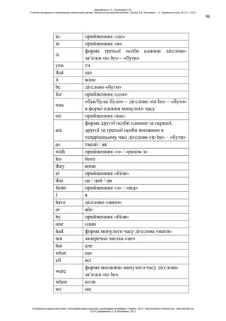 96
to прийменник «до»
in прийменник «в»
is
форма третьої особи однини дієслова-
зв’язки «to be» – «бути»
you ти
that що
it воно
be дієслово «бути»
for прийменник «для»
was
«був/була/ було» – дієслово «to be» – «бути»
в формі однини минулого часу
on прийменник «на»
are
форма другої особи однини та першої,
другої та третьої особи множини в
теперішньому часі дієслова «to be» – «бути»
as такий / як
with прийменник «з» / «разом з»
his його
they вони
at прийменник «біля»
this це / цей / ця
from прийменник «з» / «від»
I я
have дієслово «мати»
or або
by прийменник «біля»
one один
had форма минулого часу дієслова «мати»
not заперечна частка «не»
but але
what що
all всі
were
форма множини минулого часу дієслова-
зв’язки «to be»
when коли
we ми
Данілавічютє Е.А., Литовченко С.В.
Стратегії викладання в інклюзивному навчальному закладі: навчально-методичний посібник / За ред. А.А. Колупаєвої. – К.: Видавнича група «А.С.К.», 2012
© Канадсько-український проект «Інклюзивна освіта для дітей з особливими потребами в Україні», 2012 / www.education-inclusive.com, www.ussf.kiev.ua
© Е.А.Данілавічютє, С.В.Литовченко, 2012
 