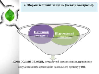 4. Форми тестових завдань (методи контролю).
Контрольні заходи, передбачені нормативними державними
документами про організацію навчального процесу у ВНЗ
Підсумковий
контроль
Поточний
контроль
 