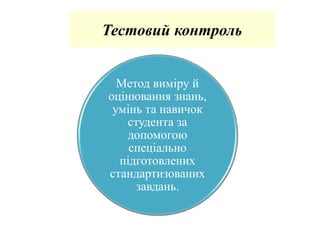 Тестовий контроль
Метод виміру й
оцінювання знань,
умінь та навичок
студента за
допомогою
спеціально
підготовлених
стандартизованих
завдань.
 