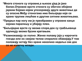 *Многе стоноге су отровне,а њихов ујед је јако
болан.Отровне врсте стонога су обично обојене
јарким бојама којим упозоравају друге животиње да
су опасне.Међу стоногама има биљоједа које се
хране трулим лишћем и другим ситним животињама.
*Предњи пар ногу им је преображен у отровне канџе
којима паралишу и убијају плен.
*Биљоједне врсте су веома споре,док су грабљивице
одликују веома брзим кретањем.
*Размножавају се полно .Женке полажу јаја у нарочита
гнезда или их својим телом спирално обавијају.У том
положају остају без хране неколико недеља све док
се не излегну млади.
 