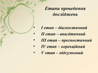 Етапи проведення
досліджень
• І етап – діагностичний
• ІІ етап – аналітичний
• ІІІ етап – прогностичний
• ІV етап – корекційний
• V етап – підсумковий
 