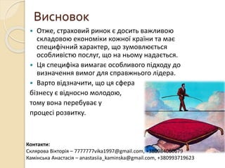 Висновок
 Отже, страховий ринок є досить важливою
складовою економіки кожної країни та має
специфічний характер, що зумовлюється
особливістю послуг, що на ньому надається.
 Ця специфіка вимагає особливого підходу до
визначення вимог для справжнього лідера.
 Варто відзначити, що ця сфера
бізнесу є відносно молодою,
тому вона перебуває у
процесі розвитку.
Контакти:
Склярова Вікторія – 7777777vika1997@gmail.com, +380984060679
Камінська Анастасія – anastasiia_kaminska@gmail.com, +380993719623
 