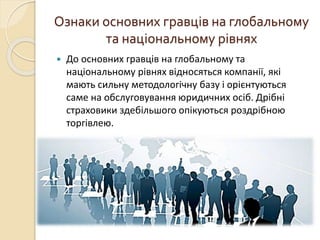 Ознаки основних гравців на глобальному
та національному рівнях
 До основних гравців на глобальному та
національному рівнях відносяться компанії, які
мають сильну методологічну базу і орієнтуються
саме на обслуговування юридичних осіб. Дрібні
страховики здебільшого опікуються роздрібною
торгівлею.
 