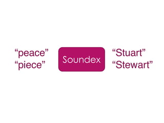 “peace”
“piece”
“Stuart”
“Stewart”
Soundex
 