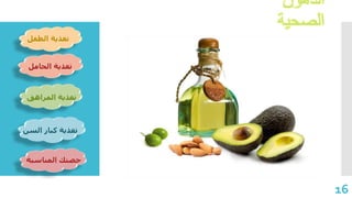 ‫الطفل‬ ‫تغذية‬
‫الحامل‬ ‫تغذية‬
‫المراهق‬ ‫تغذية‬
‫السن‬ ‫كبار‬ ‫تغذية‬
‫المناسبة‬ ‫حصتك‬
16
‫الدهون‬
‫الصحية‬
 