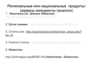 /Региональные или национальные продукты
( )сервисы конкуренты аналоги
1. . .Кинотеатр им Шакена Айманова
http://kino.kz/cinema.asp?cinemaid=41
2. .Ертис синема http://mini.kino.kz/cinema.htm?id=56
3. Cinema star. http://vpavlodare.kz/relax/view_place.php?
id=15
4. Festival cinema. http://batyrmall.kz/funny/kinoteatr.html
5. .Казахстан
http://wikimapia.org/4639214/ru/ -« »Кинотеатр Казахстан
 