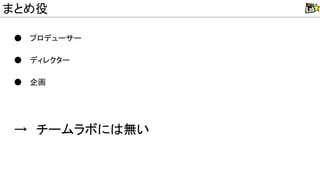 ● プロデューサー
● ディレクター
● 企画
→　チームラボに 無い
まとめ役
 