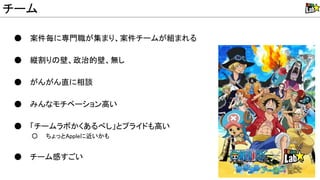 ● 案件毎に専門職が集まり、案件チームが組まれる
● 縦割り 壁、政治的壁、無し
● がんがん直に相談
● みんなモチベーション高い
● 「チームラボかくあるべし」とプライドも高い
○ ちょっとAppleに近いかも
● チーム感すごい
チーム
 