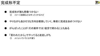 ● 完成形が誰も想像つかない
○ イメージ画像など 作ったりするけど
● やりながら良さそうな方向を模索していく。事前に完成を決めつけない
● がん ったことが（そ 案件で ）徒労で終わることもある
● 「言われたから」でやってると迷走しがち
○ 人によっていうことが違う
完成形不定
 