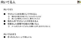 向いてそう
● やりたいことを仕事にしてやれる人
○ 巻き込み能力 低くても、たぶんだいじょうぶ
○ 高い人が賛同してくれたり、勝手にやったり
● 他 人 「やりたい」に付き合える人
● 形骸化した習慣や仕組みが嫌いな人
○ メール フッターに「よろしくお願いします」を付けたくない人
向いてなさそう
● きっちりしたい、してほしい人
向いてる人
 