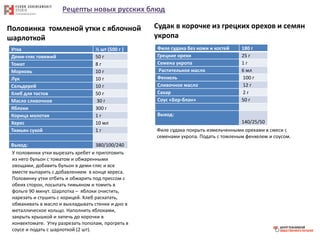 Рецепты новых русских блюд
Половинка томленой утки с яблочной
шарлоткой
Утка ½ шт (500 г )
Деми-гляс говяжий 50 г
Томат 8 г
Морковь 10 г
Лук 10 г
Сельдерей 10 г
Хлеб для тостов 50 г
Масло сливочное 30 г
Яблоки 300 г
Корица молотая 1 г
Херес 10 мл
Тимьян сухой 1 г
Выход: 380/100/240
У половинки утки вырезать хребет и приготовить
из него бульон с томатом и обжаренными
овощами, добавить бульон в деми-гляс и все
вместе выпарить с добавлением в конце хереса.
Половинку утки отбить и обжарить под прессом с
обеих сторон, посыпать тимьяном и томить в
фольге 90 минут. Шарлотка – яблоки очистить,
нарезать и стушить с корицей. Хлеб раскатать,
обмакивать в масло и выкладывать стенки и дно в
металлическое кольцо. Наполнить яблоками,
закрыть крышкой и запечь до корочки в
конвектомате. Утку разрезать пополам, прогреть в
соусе и подать с шарлоткой (2 шт).
Судак в корочке из грецких орехов и семян
укропа
Филе судака без кожи и костей 180 г
Грецкие орехи 25 г
Семена укропа 1 г
Растительное масло 6 мл
Фенхель 100 г
Сливочное масло 12 г
Сахар 2 г
Соус «Бер-блан» 50 г
Выход:
140/25/50
Филе судака покрыть измельченными орехами в смеси с
семенами укропа. Подать с томленым фенхелем и соусом.
 