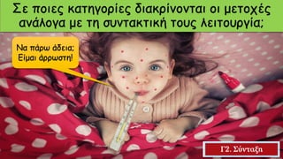 Σε ποιες κατηγορίες διακρίνονται οι μετοχές
ανάλογα με τη συντακτική τους λειτουργία;
Να πάρω άδεια;
Είμαι άρρωστη!
 