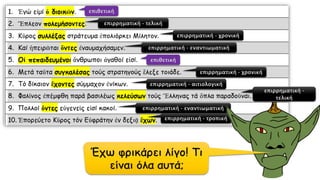 επιθετική
επιρρηματική - τελική
επιρρηματική - χρονική
επιρρηματική - εναντιωματική
επιθετική
επιρρηματική - χρονική
επιρρηματική - αιτιολογική
επιρρηματική -
τελική
επιρρηματική - εναντιωματική
επιρρηματική - τροπική
 