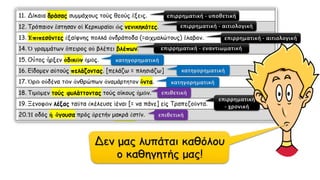 επιρρηματική - υποθετική
επιρρηματική - αιτιολογική
επιρρηματική - αιτιολογική
επιρρηματική - εναντιωματική
κατηγορηματική
κατηγορηματική
κατηγορηματική
επιθετική
επιρρηματική
- χρονική
επιθετική
 