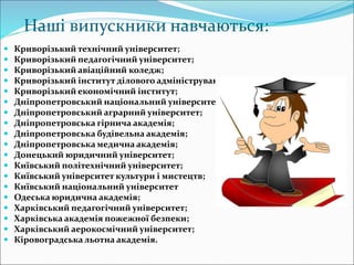 Наші випускники навчаються:
 Криворізький технічний університет;
 Криворізький педагогічний університет;
 Криворізький авіаційний коледж;
 Криворізький інститут ділового адміністрування;
 Криворізький економічний інститут;
 Дніпропетровський національний університет;
 Дніпропетровський аграрний університет;
 Дніпропетровська гірнича академія;
 Дніпропетровська будівельна академія;
 Дніпропетровська медична академія;
 Донецький юридичний університет;
 Київський політехнічний університет;
 Київський університет культури і мистецтв;
 Київський національний університет
 Одеська юридична академія;
 Харківський педагогічний університет;
 Харківська академія пожежної безпеки;
 Харківський аерокосмічний університет;
 Кіровоградськальотна академія.
 