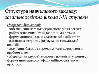 Структура навчального закладу:
загальноосвітня школа I-III ступенів
Напрямки діяльності:
- забезпечення загальнодержавного рівня освіти;
- робота з творчими та обдарованими дітьми;
- формування соціально адаптованої особистості;
- виховання патріота , формування громадської
позиції;
- залучення батьків та громадськості до вирішення
проблем школи;
- збереження здоров’я молодого покоління у контексті
формування єдиного інформаційно-освітнього
простору
 