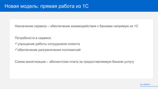 Новая модель: прямая работа из 1С
Назначение сервиса – обеспечение взаимодействия с банками напрямую из 1С
Потребности в сервисе:
упрощение работы сотрудников клиента
обеспечение разграничения полномочий
Схема монетизации – абонентская плата за предоставляемую банком услугу
АО «БИФИТ»
 
