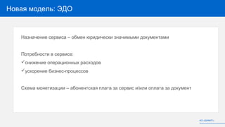 Новая модель: ЭДО
Назначение сервиса – обмен юридически значимыми документами
Потребности в сервисе:
снижение операционных расходов
ускорение бизнес-процессов
Схема монетизации – абонентская плата за сервис и/или оплата за документ
АО «БИФИТ»
 