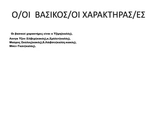 Ο/ΟΙ ΒΑΣΙΚΟΣ/ΟΙ ΧΑΡΑΚΤΗΡΑΣ/ΕΣ
Οι βασικοί χαρακτήρες είναι ο Τζίμη(καλός),
Λονγκ Τζον Σίλβερ(κακός),κ.Σμόλετ(καλός),
Μαύρος Σκύλος(κακός),δ.Λάιβσει(καλός-κακός),
Μπεν Γκαν(καλός).
 