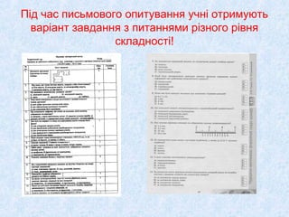 Під час письмового опитування учні отримують
варіант завдання з питаннями різного рівня
складності!
 