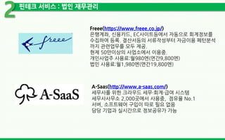 핀테크 서비스 : 법인 재무관리
2
Freee(https://www.freee.co.jp/)
은행계좌, 신용카드, EC사이트등에서 자동으로 회계정보를
수집하여 등록. 결산서등의 서류작성부터 자금이용 페턴분석
까지 관련업무를 모두 제공.
현제 50만이상의 사업소에서 이용중.
개인사업주 사용료:월980엔(연간9,800엔)
법인 사용료:월1,980엔(연간19,800엔)
A-Saas(http://www.a-saas.com/)
세무사를 위한 크라우드 세무・회계・급여 시스템
세무사사무소 2,000곳에서 사용중, 점유율 No.1
서버, 소프트웨어 구입이 따로 필요 없음
담당 기업과 실시간으로 정보공유가 가능
 