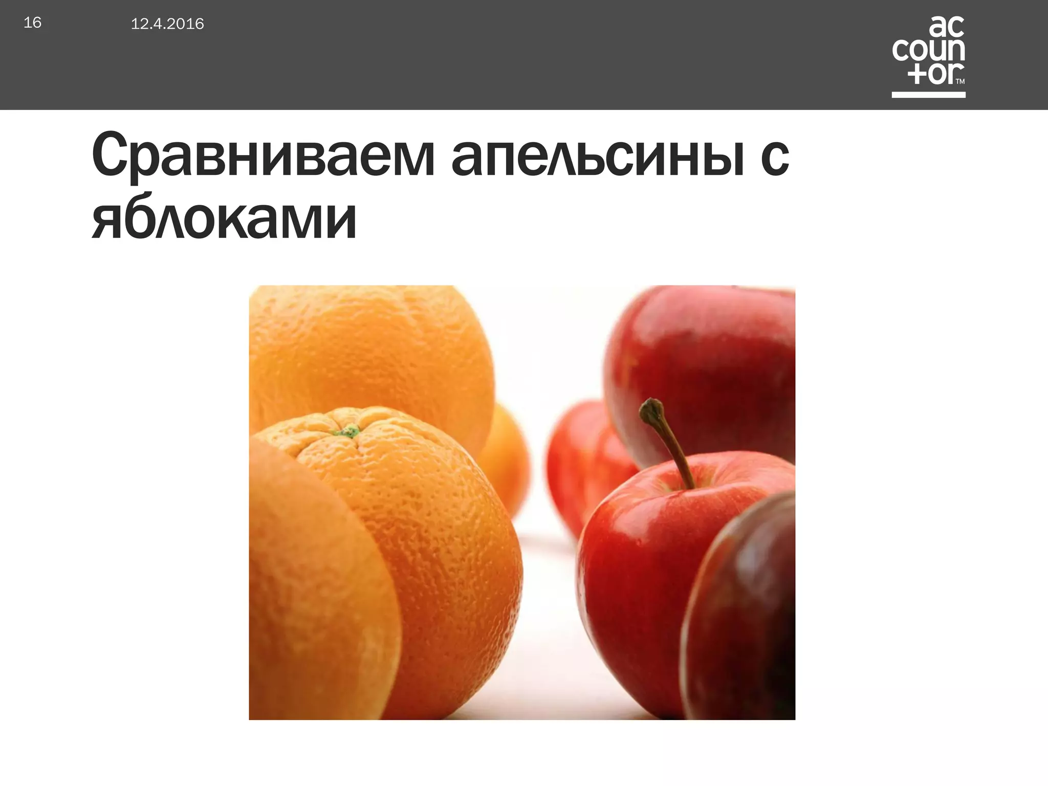 Сравниваем апельсины с
яблоками
12.4.201616
 