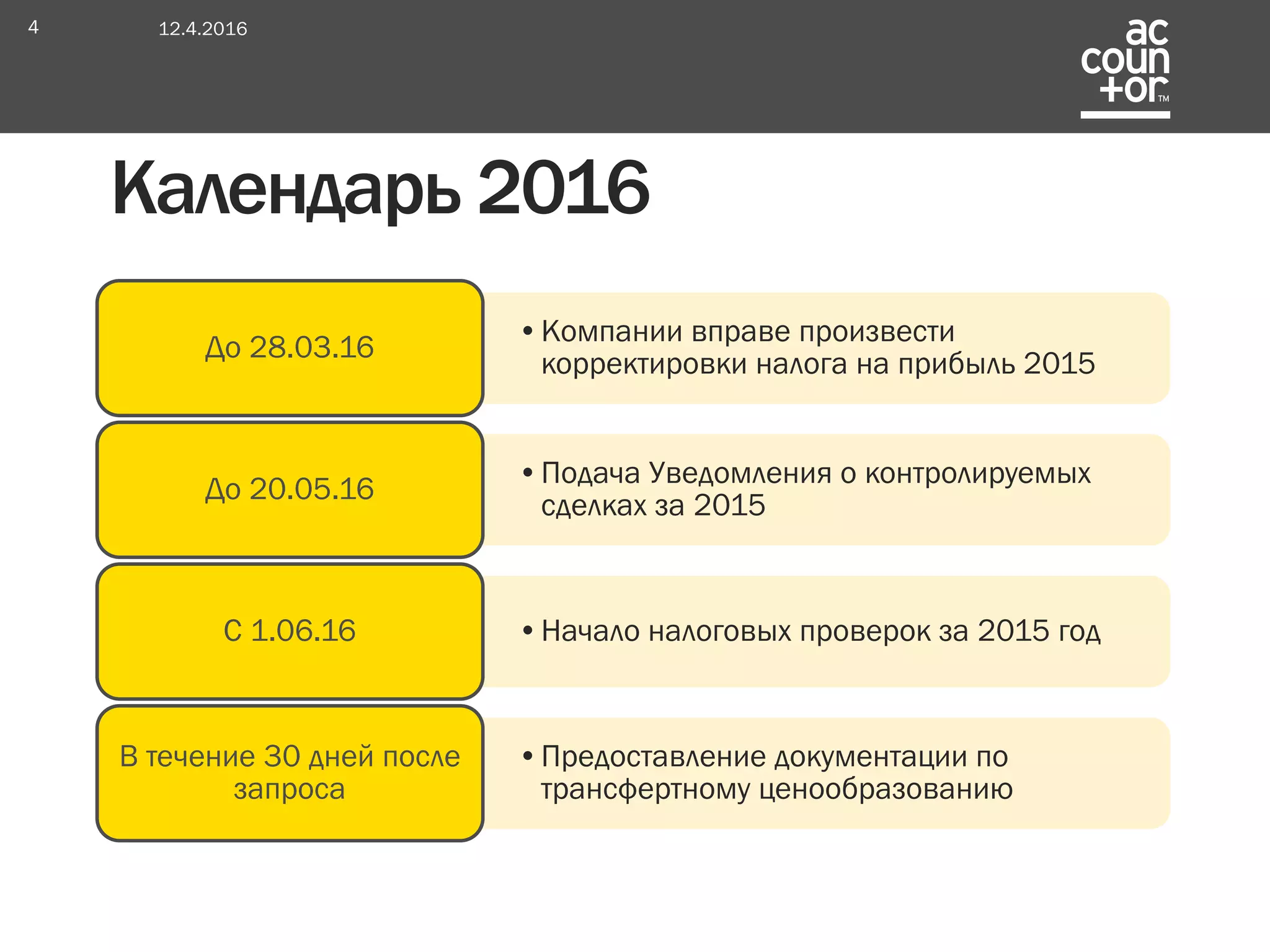 •Компании вправе произвести
корректировки налога на прибыль 2015
До 28.03.16
•Подача Уведомления о контролируемых
сделках за 2015
До 20.05.16
•Начало налоговых проверок за 2015 годС 1.06.16
•Предоставление документации по
трансфертному ценообразованию
В течение 30 дней после
запроса
Календарь 2016
12.4.20164
 