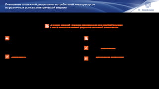 32
Повышение платежной дисциплины потребителей энергоресурсов
на розничных рынках электрической энергии
Установлена законная неустойка за просрочку оплаты энергоресурсов (по общему правилу -
1/130 ставки рефинансирования ЦБР за 1 день просрочки) и предусмотрен льготный порядок
оплаты данной неустойки для потребителей и исполнителей коммунальных услуг
(неустойка в размере 1/300 ставки рефинансирования ЦБР с первого до 91-го дня просрочки
для граждан-потребителей и исполнителей коммунальных услуг, неустойка в размере 1/170 ставки
рефинансирования ЦБР для исполнителей коммунальных услуг с 61-го по 91-й день просрочки).
Установлен порядок предоставления нарушающими платежную дисциплину
«неотключаемыми» потребителями электроэнергии, газа, тепла, воды обязательных
финансовых гарантий оплаты энергоресурсов.
Введены особенности заключения и расторжения договоров аренды объектов ЖКХ
(котельные, водоканалы), находящихся в государственной или муниципальной собственности
(в том числе ускоренное расторжение договоров с неплательщиками).
Федеральный закон от 03.11.2015 № 307-ФЗ
«О внесении изменений в отдельные законодательные акты Российской Федерации
в связи с укреплением платежной дисциплины потребителей энергоресурсов».
Установлен механизм, создающий возможность ограничения потребления
электроэнергии «неотключаемыми» потребителями и обеспечивающий соблюдение
этими потребителями требований безопасности при таком ограничении.
Введена административная ответственность
за нарушение порядка ограничения потребления энергоресурсов и нарушение порядка
предоставления обеспечения обязательств по оплате энергоресурсов.
 