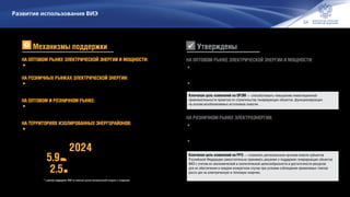 34
Развитие использования ВИЭ
На оптовом рынке электрической энергии и мощности:
•	Постановление Правительства Российской Федерации от 10.11.2015 № 1210 «О внесении
изменений в некоторые акты Правительства Российской Федерации по вопросам использования
возобновляемых источников энергии на оптовом рынке электрической энергии и мощности».
•	Распоряжение Правительства Российской Федерации от 10.11.2015 №2279.
На розничном рынке электроэнергии:
•	Постановление Правительства Российской Федерации от 23.01.2015 № 47 «О внесении
изменений в некоторые акты Правительства Российской Федерации по вопросам стимулирования
использования возобновляемых источников энергии на розничных рынках электрической энергии».
•	Распоряжение Правительства Российской Федерации от 28.07.2015 №1472‑р.
Ключевая цель изменений на ОРЭМ — способствовать повышению инвестиционной
привлекательности проектов по строительству генерирующих объектов, функционирующих
на основе возобновляемых источников энергии.
Ключевая цель изменений на РРЭ — позволить региональным органам власти субъектов
Российской Федерации самостоятельно принимать решения о поддержке генерирующих объектов
ВИЭ с учетом их экономической и экологической целесообразности и достаточности ресурсов
для их обеспечения в каждом конкретном случае при условии соблюдения приемлемых темпов
роста цен на электрическую и тепловую энергию.
НА ОПТОВОМ РЫНКЕ ЭЛЕКТРИЧЕСКОЙ ЭНЕРГИИ И МОЩНОСТИ:
•	Договоры поставки мощности квалифицированных генерирующих объектов,
функционирующих на основе ВИЭ, на оптовый рынок
НА РОЗНИЧНЫХ РЫНКАХ ЭЛЕКТРИЧЕСКОЙ ЭНЕРГИИ:
•	Обязанность сетевых компаний приобретать электрическую энергию у квалифицированных
генерирующих объектов, функционирующих на основе ВИЭ, в целях компенсации потерь
электрической энергии
НА ОПТОВОМ И РОЗНИЧНОМ РЫНКЕ:
•	Предоставление субсидий из федерального бюджета в порядке компенсации стоимости
технологического присоединения генерирующих объектов ВИЭ установленной мощностью
до 25 МВт
НА ТЕРРИТОРИЯХ ИЗОЛИРОВАННЫХ ЭНЕРГОРАЙОНОВ:
•	Продажа электрической энергии генерирующих объектов ВИЭ гарантирующему поставщику
по регулируемым государственным тарифам
5.9ГВт установленной мощности ВИЭ*
2.5% доля ВИЭ в генерации*
к 2024году
* в рамках поддержки ВИЭ на оптовом рынке электрической энергии и мощности
Механизмы поддержки Утверждены
 