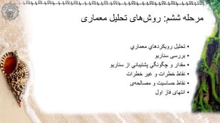 ‫ششم‬ ‫مرحله‬:‫معماری‬ ‫تحلیل‬ ‫های‬‫روش‬
•‫رویكردهاي‬ ‫تحلیل‬‫معماري‬
•‫سناریو‬ ‫بررسی‬
•‫مقدار‬‫پشتیباني‬ ‫چگونگي‬ ‫و‬‫از‬‫سناریو‬
•‫غیر‬ ‫و‬ ‫خطرات‬ ‫نقاط‬‫خطرات‬
•‫نقاط‬‫ی‬‫مصالحه‬ ‫و‬ ‫حساسیت‬
•‫اول‬ ‫فاز‬ ‫انتهای‬
 