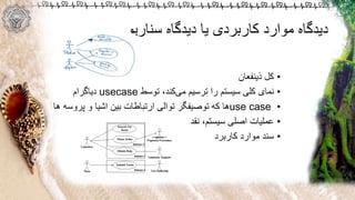 ‫سناریو‬ ‫دیدگاه‬ ‫یا‬ ‫کاربردی‬ ‫موارد‬ ‫دیدگاه‬
•‫ذینفعان‬ ‫کل‬
•‫نمای‬،‫کند‬‫می‬ ‫ترسیم‬ ‫را‬ ‫سیستم‬ ‫کلی‬‫توسط‬usecase‫دیاگرام‬
•use case‫ها‬‫که‬‫پروس‬ ‫و‬ ‫اشیا‬ ‫بین‬ ‫ارتباطات‬ ‫توالی‬ ‫توصیفگر‬‫ه‬‫ها‬
•‫نقد‬ ،‫سیستم‬ ‫اصلی‬ ‫عملیات‬
•‫سند‬‫موارد‬‫کاربرد‬
 