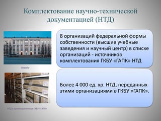 Комплектование научно-технической
документацией (НТД)
8 организаций федеральной формы
собственности (высшие учебные
заведения и научный центр) в списке
организаций - источников
комплектования ГКБУ «ГАПК» НТД
Более 4 000 ед. хр. НТД, переданных
этими организациями в ГКБУ «ГАПК».
ПНИПУ
НТД в архивохранилище ГКБУ «ГАПК»
 