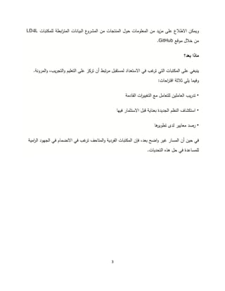 3
‫و‬‫ع‬‫مشرو‬ ‫ا‬ ‫من‬ ‫تجات‬ ‫م‬ ‫ا‬ ‫حول‬ ‫معلومات‬ ‫ا‬ ‫من‬ ‫يد‬‫ز‬‫م‬ ‫على‬ ‫ااطاع‬ ‫ن‬ ‫يم‬‫ات‬ ‫بيا‬ ‫ا‬‫ابطة‬‫ر‬‫مت‬ ‫ا‬‫تبات‬ ‫لم‬LD4L
‫خال‬ ‫من‬‫موقع‬GitHub.
‫بعد؟‬ ‫ماذا‬
‫بغي‬ ‫ي‬‫على‬‫تبط‬‫ر‬‫م‬ ‫مستقبل‬ ‫ااستعداد‬ ‫في‬ ‫غب‬‫تر‬ ‫تي‬ ‫ا‬ ‫تبات‬ ‫م‬ ‫ا‬‫أن‬.‫ة‬ ‫مرو‬ ‫ا‬‫و‬ ،‫يب‬‫ر‬‫تج‬ ‫ا‬‫و‬ ‫تعليم‬ ‫ا‬ ‫على‬ ‫ز‬ ‫تر‬
:‫احات‬‫ر‬‫اقت‬ ‫ثاثة‬ ‫يلي‬ ‫وفيما‬
•‫ا‬ ‫يب‬‫ر‬‫تد‬‫قادمة‬ ‫ا‬ ‫ات‬‫ر‬‫تغيي‬ ‫ا‬ ‫مع‬ ‫لتعامل‬ ‫عاملين‬
•‫فيها‬ ‫ااستثمار‬ ‫قبل‬ ‫اية‬ ‫بع‬ ‫جديدة‬ ‫ا‬ ‫ظم‬ ‫ا‬ ،‫شا‬ ‫است‬
•‫دى‬ ‫معايير‬ ‫رصد‬‫ها‬‫تطوير‬
،‫بعد‬ ‫اضح‬‫و‬ ‫غير‬ ‫مسار‬ ‫ا‬ ‫أن‬ ‫حين‬ ‫في‬‫فإن‬‫امية‬‫ر‬ ‫ا‬ ‫جهود‬ ‫ا‬ ‫في‬ ‫ضمام‬ ‫اا‬ ‫في‬ ‫غب‬‫تر‬ ،‫متاح‬ ‫ا‬‫و‬ ‫فردية‬ ‫ا‬ ‫تبات‬ ‫م‬ ‫ا‬
.‫تحديات‬ ‫ا‬ ‫هذ‬ ‫حل‬ ‫في‬ ‫لمساعدة‬
 