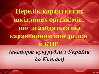 Перелік карантинних
шкідливих організмів,
що знаходяться під
карантинним контролем
в КНР
(експорт кукурудзи з України
до Китаю)
 