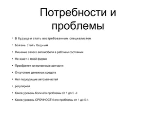 Потребности и
проблемы
• В будущем стать востребованным специалистом
• Боязнь стать бедным
• Лишение своего автомобиля в рабочем состоянии
• Не знает о моей фирме
• Преобретет качественные запчасти
• Отсутствие денежных средств
• Нет подходящие автозапчастей
• регулярная
• 1 5 -4Каков уровень боли его проблемы от до
• 1 5-4Каков уровень СРОЧНОСТИ его проблемы от до
 