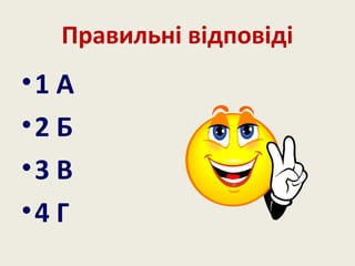 Правильні відповіді
•1 А
•2 Б
•3 В
•4 Г
 