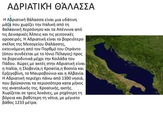 ΑΔΡΙΑΤΙΚΉ ΘΆΛΑΣΣΑ
Η Αδριατική θάλασσα είναι μια υδάτινη
μάζα που χωρίζει την Ιταλική από τη
Βαλκανική Χερσόνησο και τα Απέννινα από
τις Δειναρικές Άλπεις και τις γειτονικές
οροσειρές. Η Αδριατική είναι το βορειότερο
σκέλος της Μεσογείου Θαλάσσης,
εκτεινόμενη από τον Πορθμό του Οτράντο
(όπου συνδέεται με το Ιόνιο Πέλαγος) προς
τα βορειοδυτικά μέχρι την Κοιλάδα του
Πάδου. Χώρες με ακτές στην Αδριατική είναι
η Ιταλία, η Σλοβενία,η Κροατία,η Βοσνία και
Ερζεγοβίνη, το Μαυροβούνιο και η Αλβανία.
Η Αδριατική περιέχει πάνω από 1300 νησιά,
που βρίσκονται τα περισσότερα κατα μήκος
της ανατολικής της, Κροατικής, ακτής.
Χωρίζεται σε τρεις λεκάνες, με ρηχότερη τη
βόρεια και βαθύτερη τη νότια, με μέγιστο
βάθος 1233 μέτρα.
 