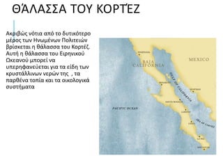 ΘΆΛΑΣΣΑ ΤΟΥ ΚΟΡΤΈΖ
Ακριβώς νότια από το δυτικότερο
μέρος των Ηνωμένων Πολιτειών
βρίσκεται η θάλασσα του Κορτέζ.
Αυτή η θάλασσα του Ειρηνικού
Ωκεανού μπορεί να
υπερηφανεύεται για τα είδη των
κρυστάλλινων νερών της , τα
παρθένα τοπία και τα οικολογικά
συστήματα
 