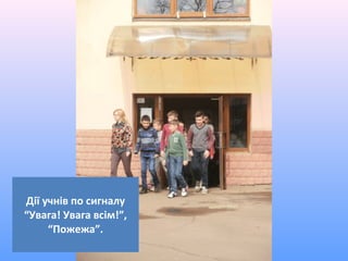 Дії учнів по сигналу
“Увага! Увага всім!”,
“Пожежа”.
 