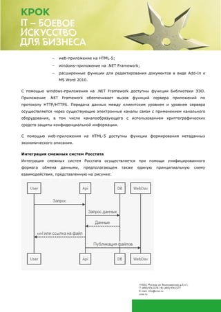 web-приложение на HTML-5;
 windows-приложение на .NET Framework;
 расширенные функции для редактирования документов в виде Add-In к
MS Word 2010.
С помощью windows-приложения на .NET Framework доступны функции Библиотеки ЭЭО.
Приложение .NET Framework обеспечивает вызов функций сервера приложений по
протоколу HTTP/HTTPS. Передача данных между клиентским уровнем и уровнем сервера
осуществляется через существующие электронные каналы связи с применением канального
оборудования, в том числе каналообразующего с использованием криптографических
средств защиты конфиденциальной информации.
С помощью web-приложения на HTML-5 доступны функции формирования метаданных
экономического описания.
Интеграция смежных систем Росстата
Интеграция смежных систем Росстата осуществляется при помощи унифицированного
формата обмена данными, предполагающем также единую принципиальную схему
взаимодействия, представленную на рисунке:
 