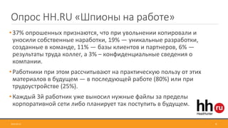 Опрос HH.RU «Шпионы на работе»
2016-04-14 8
•37% опрошенных признаются, что при увольнении копировали и
уносили собственные наработки, 19% — уникальные разработки,
созданные в команде, 11% — базы клиентов и партнеров, 6% —
результаты труда коллег, а 3% – конфиденциальные сведения о
компании.
•Работники при этом рассчитывают на практическую пользу от этих
материалов в будущем — в последующей работе (80%) или при
трудоустройстве (25%).
•Каждый 3й работник уже выносил нужные файлы за пределы
корпоративной сети либо планирует так поступить в будущем.
 