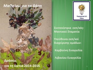 Δράσεις
για τη διετία 2014-2016 1
Συντονίστρια εκπ/κός:
Μαντικού Σταματία
Υπεύθυνοι εκπ/κοί
διαχείρισης ομάδων:
Καρβούνη Ευαγγελία
Λιβανίου Ευαγγελία
Μαθαίνω για τα δάση
 