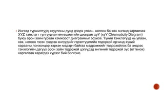  Ингээд туршилтууд явуулсны дүнд дээрх улаан, ногоон ба хөх өнгөнд харгалзах
XYZ тэнхлэгт тулгуурлан өнгөшилтийн диаграм xyY (xyY Chromaticity Diagram)
буюу орон зайн гурван хэмжээст диаграммыг зохиов. Үүний тэнхлэгүүд нь улаан,
хөх, ногоон гэсэн үндсэн өнгүүдийг гэрэлтүүлгийн тодорхой орчинд хүний
харааны лонхонцор хэрхэн мэдэрч байгаа мэдрэмжийг тодорхойлох ба эндээс
тэнхлэгийн дагуух орон зайн тодорхой цэгүүдэд өнгөний тодорхой зүс (оттенок)
харгалзан харагдах хүрээг бий болгоно.
 