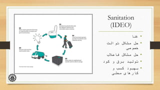 Sanitation
(IDEO)
•‫غنا‬
•‫توالت‬ ‫مشکل‬ ‫حل‬
‫خصوصی‬
•‫فاضالب‬ ‫مشکل‬ ‫حل‬
•‫کود‬ ‫و‬ ‫برق‬ ‫تولید‬
•‫و‬ ‫کسب‬ ‫بهبود‬
‫محلی‬ ‫کارهای‬
 