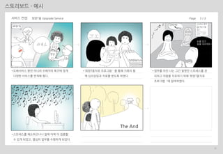 32
스토리보드 - 예시
서비스 컨셉:
• 도배서비스 뿐만 아니라 수혜자의 욕구에 맞게
다양한 서비스를 연계해 줬다.
• ‘희망T움치유 프로그램＇을 통해 가족이 함
께 심리상담과 치료를 받도록 하였다.
• 스트레스를 해소하고나니 일에 더욱 더 집중할
수 있게 되었고, 열심히 업무를 수행하게 되었다.
눈을 감고
숨을 내쉬세요~
• 업무를 마친 나는 그간 쌓였던 스트레스를 관
리하고 마음을 치유하기 위해 ‘희망T움치유
츠로그램＇에 참여하였다.
The And
희망T움 Upgrade Service Page 3 / 3
 