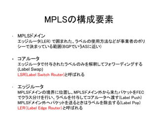 MPLSの構成要素
• MPLSドメイン
エッジルータ(LER) で囲まれた、ラベルの使用方法などが事業者のポリ
シーで決まっている範囲(BGPでいうASに近い)
• コアルータ
エッジルータで付与されたラベルのみを解釈してフォワーディングする
(Label Swap)
LSR(Label Switch Router)と呼ばれる
• エッジルータ
MPLSドメインの境界に位置し、MPLSドメイン外から来たパケットをFEC
でクラス分けを行い、ラベルを付与してコアルータへ渡す(Label Push)
MPLSドメイン外へパケットを送るときはラベルを除去する(Label Pop)
LER（Label Edge Router）と呼ばれる
 